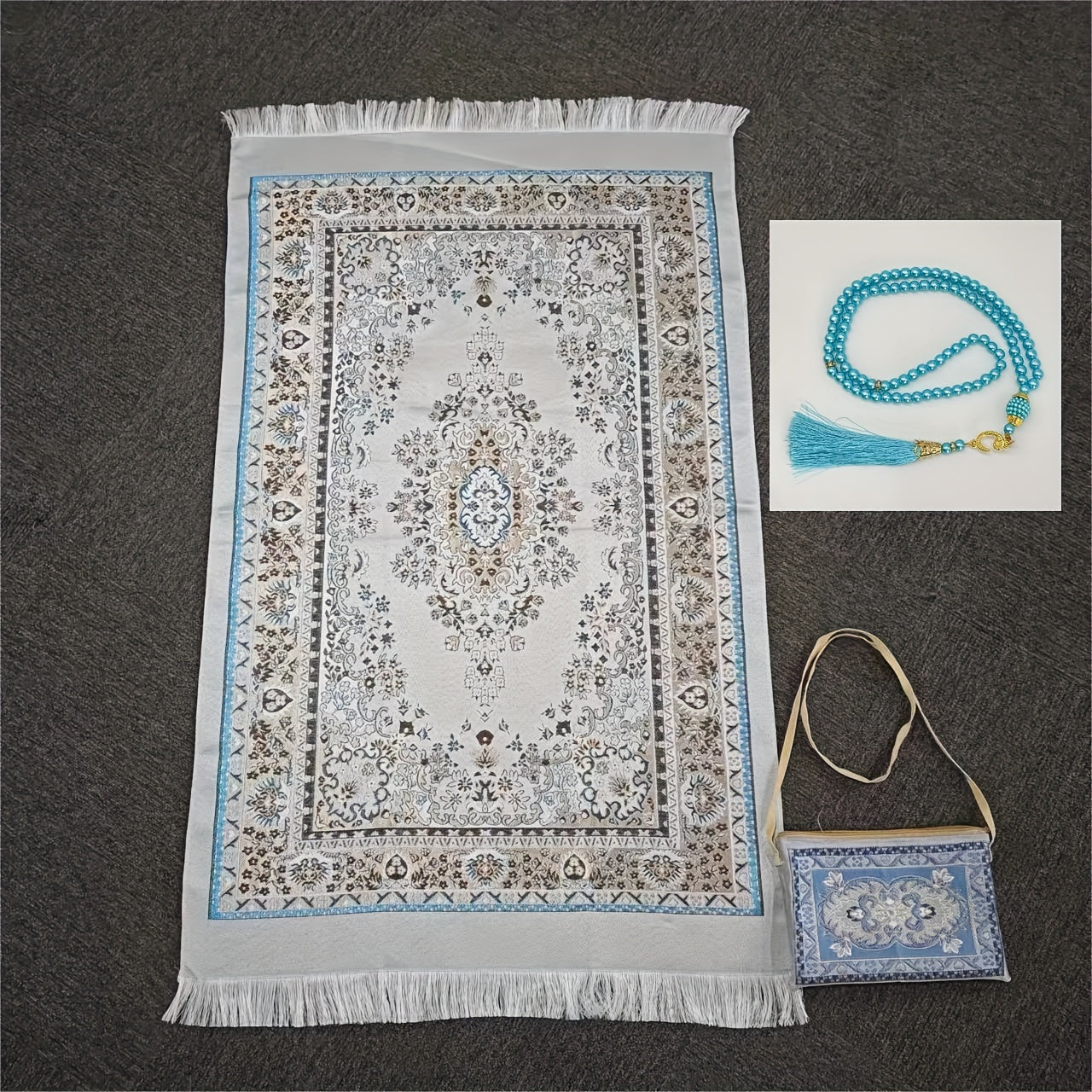 Tapis de Prière Style Tribal - Set 3 Pièces avec Chapelet et Sac de Rangement