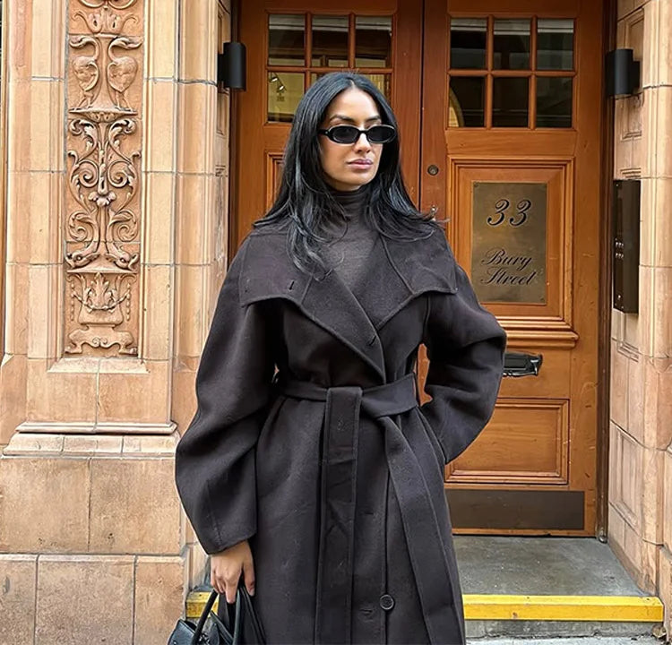 Manteau long en laine femme avec ceinture – col montant