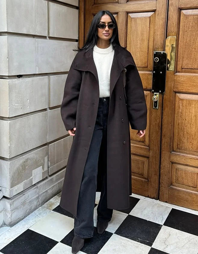 Manteau long en laine femme avec ceinture – col montant