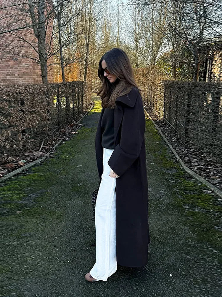 Manteau long en laine femme avec ceinture – col montant