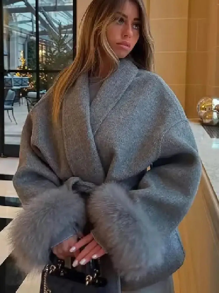 Manteau Col V -Laine Mélangée Fausse Fourrure